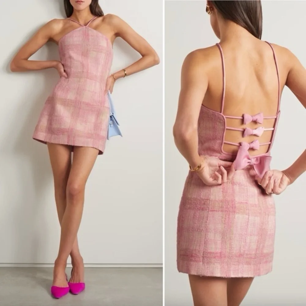 LoveShackFancy Gandler Tweed Bow Detail Pastel Peony Pink Mini Dress Size 4 - Picture 2 of 8